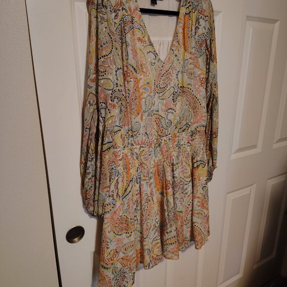 Boston Proper Paisley Bell Sleeves Metallic Threaded Mini Dress Smocked Waist - Picture 4 of 14
